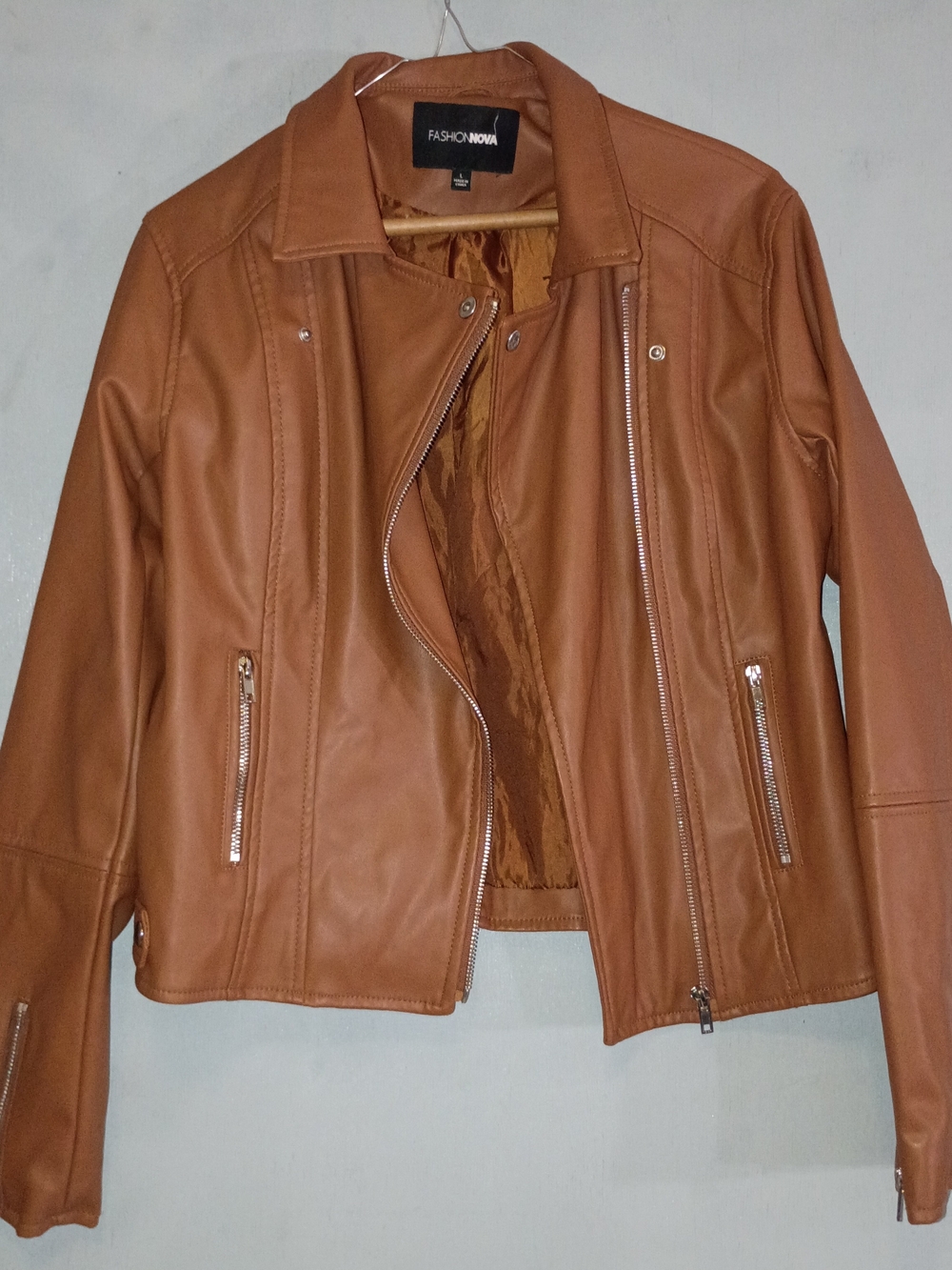 Fashion Nova Women's Cognac Faux Leather Moto Jacket